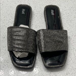H2K Women's Glittering Black Slide Sandals